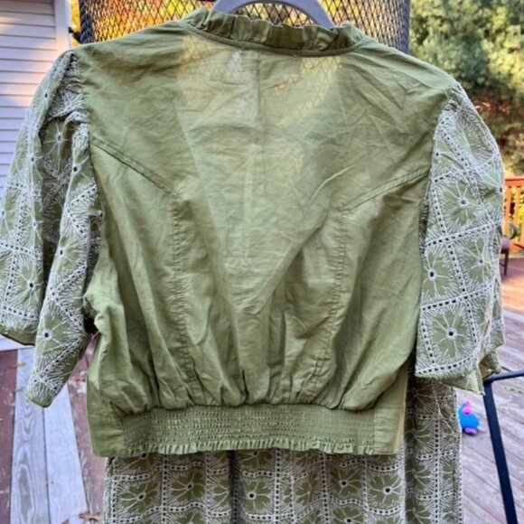 SOLD Anthropologie Luna Moon Eyelet Embroidered Floral Green 2 Piece Pants Top L - Picture 10 of 15